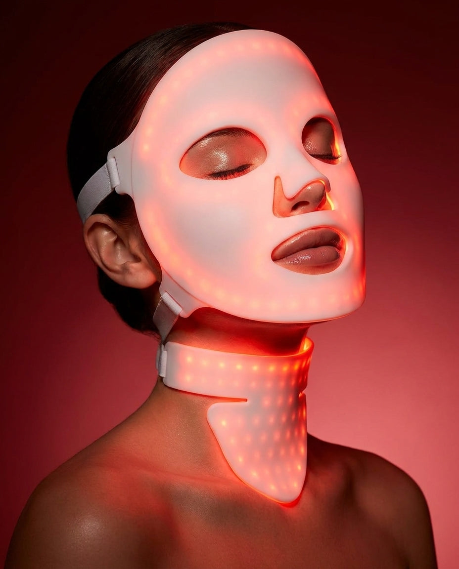 Model wearing the Embera Pro LED face and neck mask with a warm red glow
