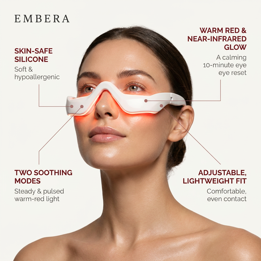 Embera red light eye device features: skin-safe silicone, two soothing modes, warm red and near-infrared glow, adjustable fit